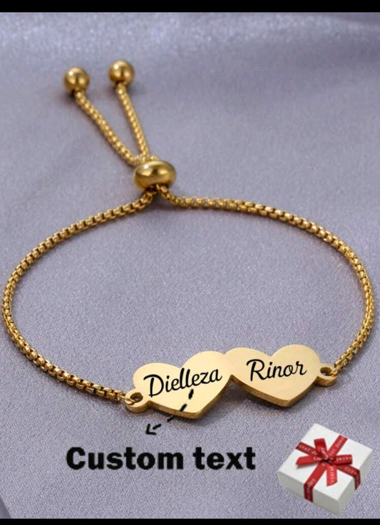 Custom engraved, adjustable,double heart bracelet. Stainless steel[MJ076]