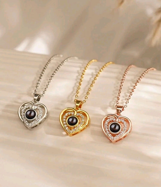Customized Projection Necklace, Personalized Heart-Shaped Projection Photo Necklace, Rhinestone-Encrusted Heart Necklace[MJ088]