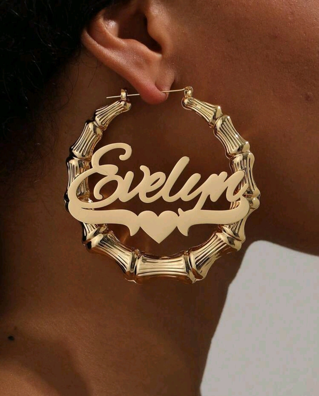 7cm Bamboo knot hoop earring, 5NK chain necklace,personalized name . Stainless steel.(MJ105)