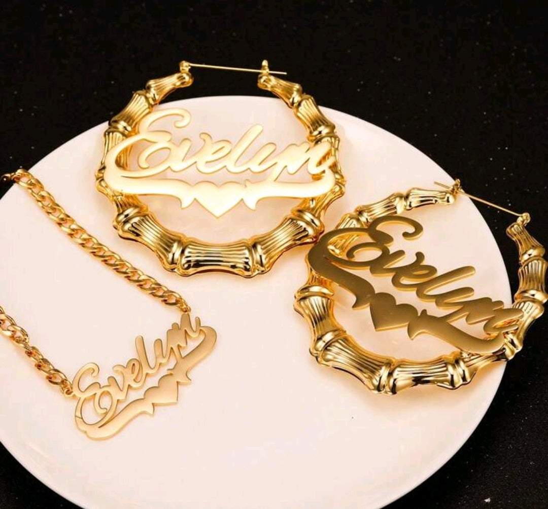 7cm Bamboo knot hoop earring, 5NK chain necklace,personalized name . Stainless steel.(MJ105)