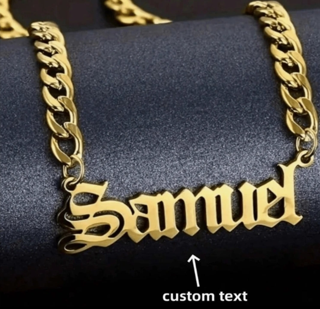 Customized  Old English letter name chain. Stain less steel (MJ008)