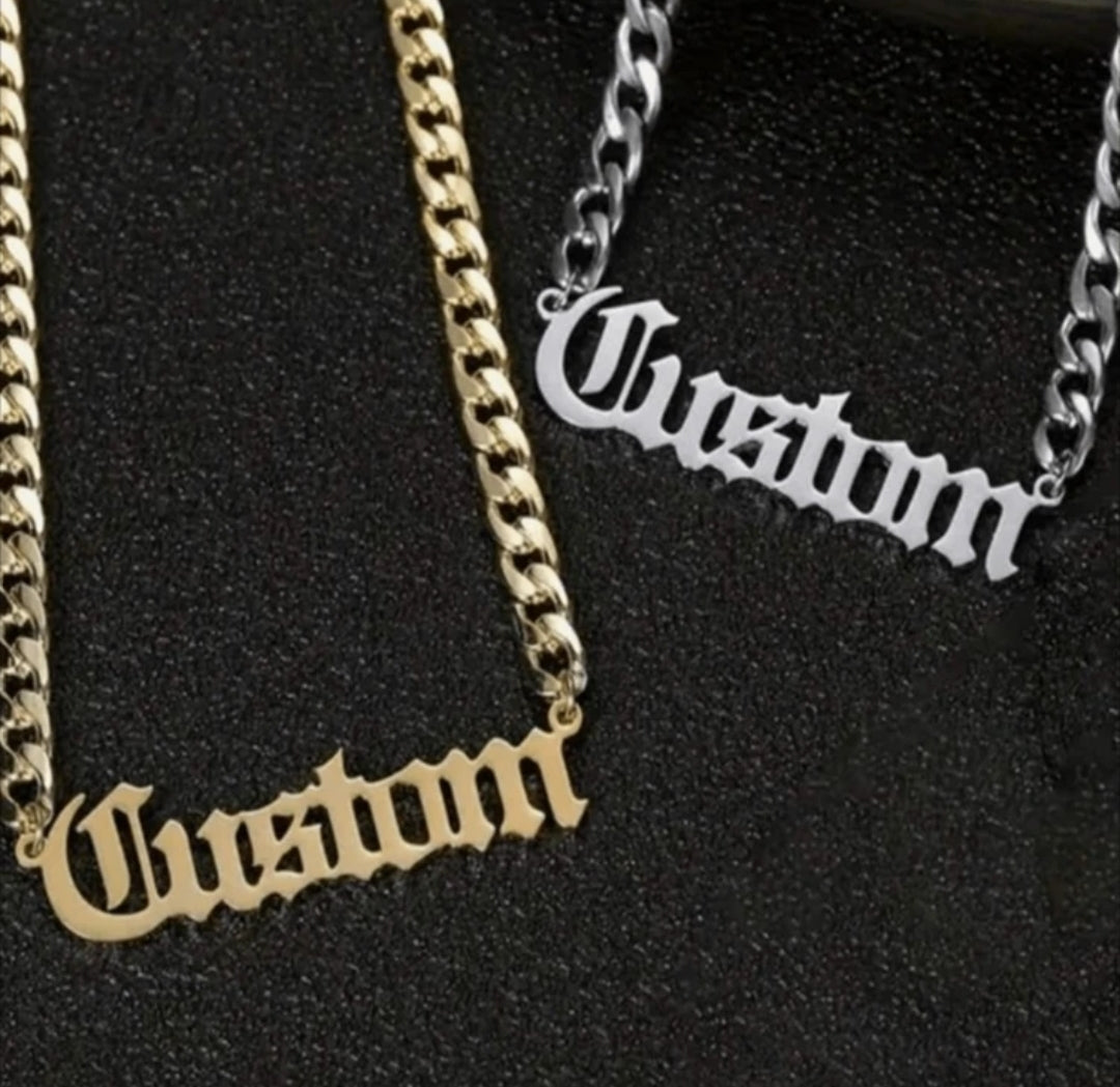 Customized  Old English letter name chain. Stain less steel (MJ008)