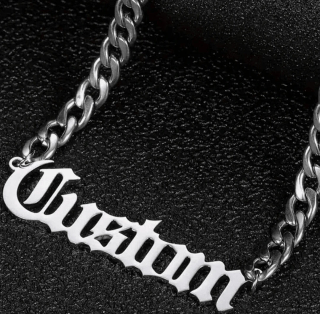 Customized  Old English letter name chain. Stain less steel (MJ008)