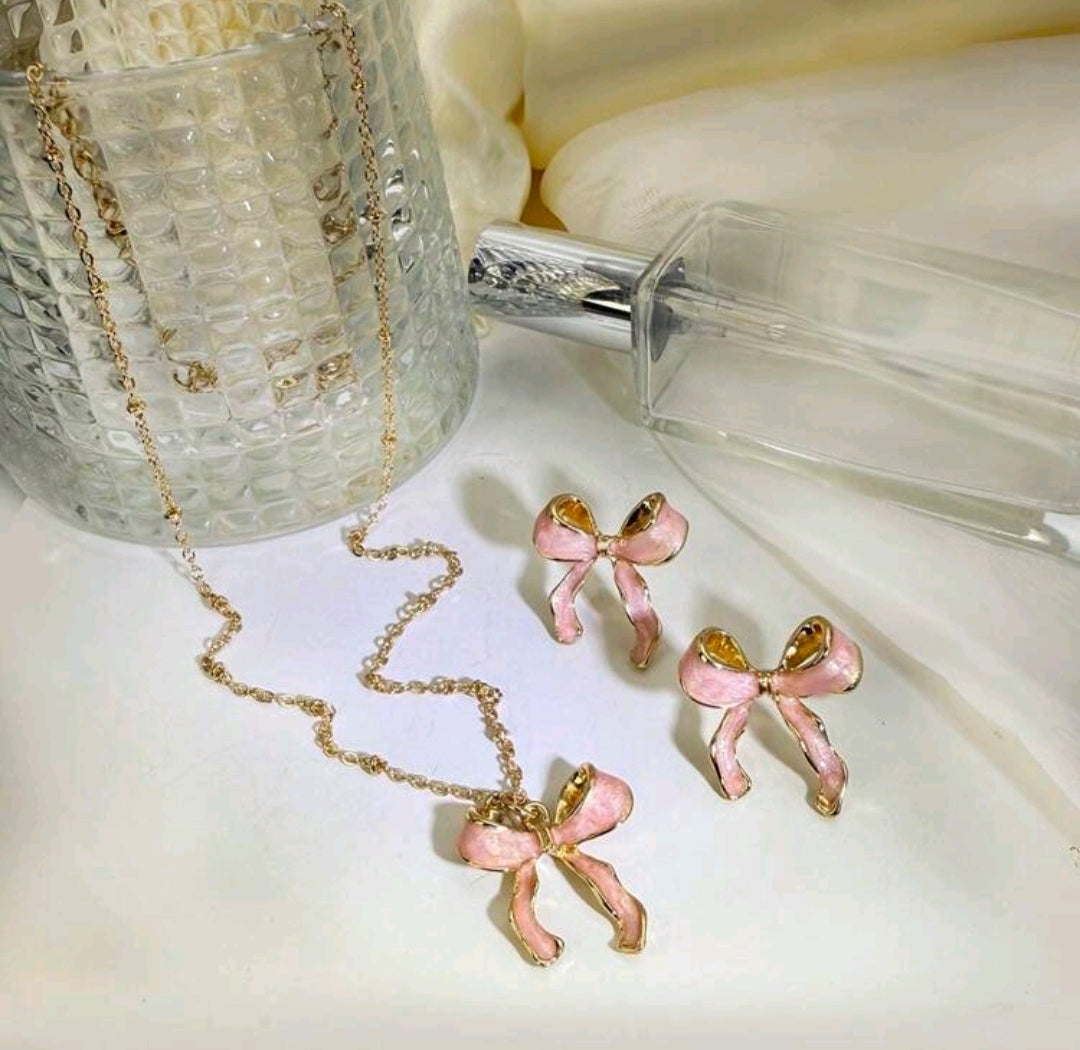2 pc Enamel bowknot necklace and earrings.