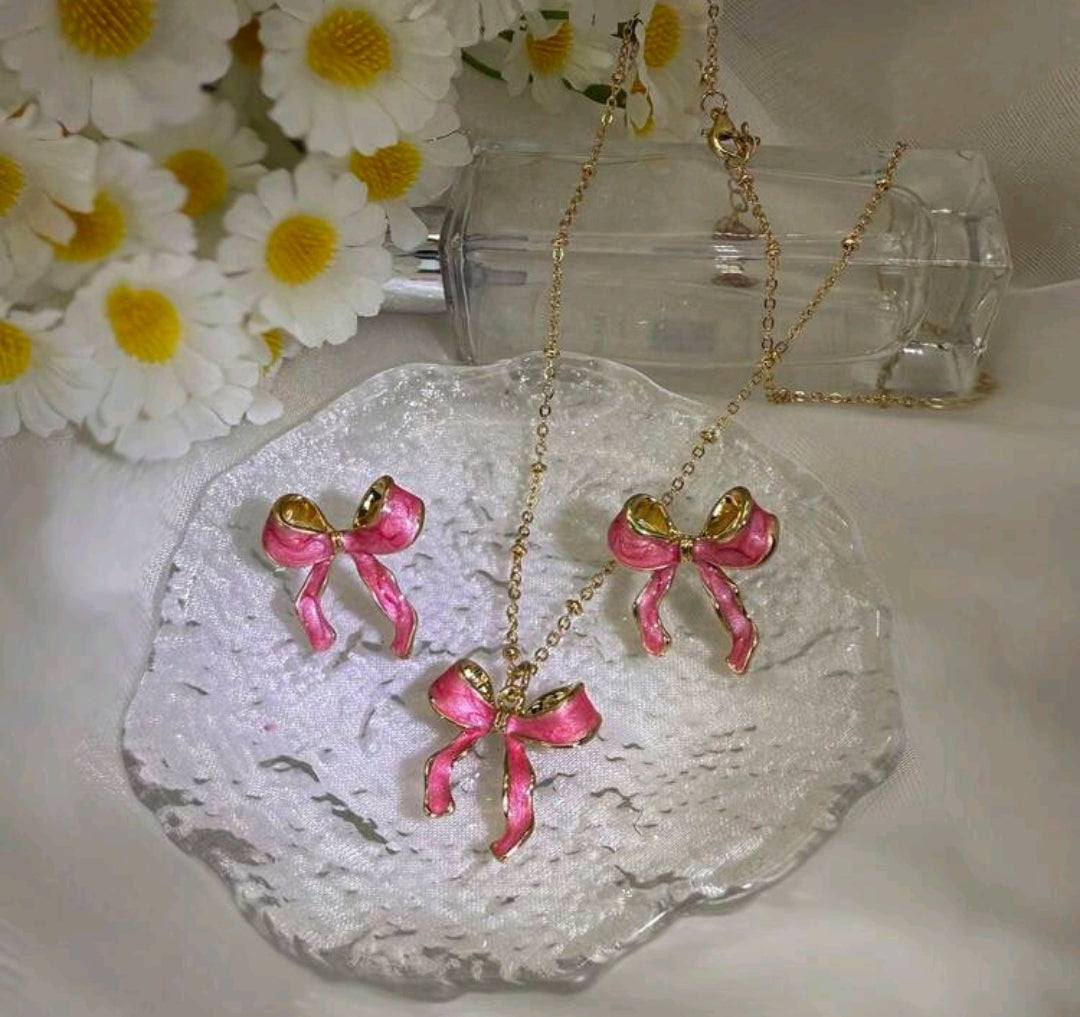 2 pc Enamel bowknot necklace and earrings.
