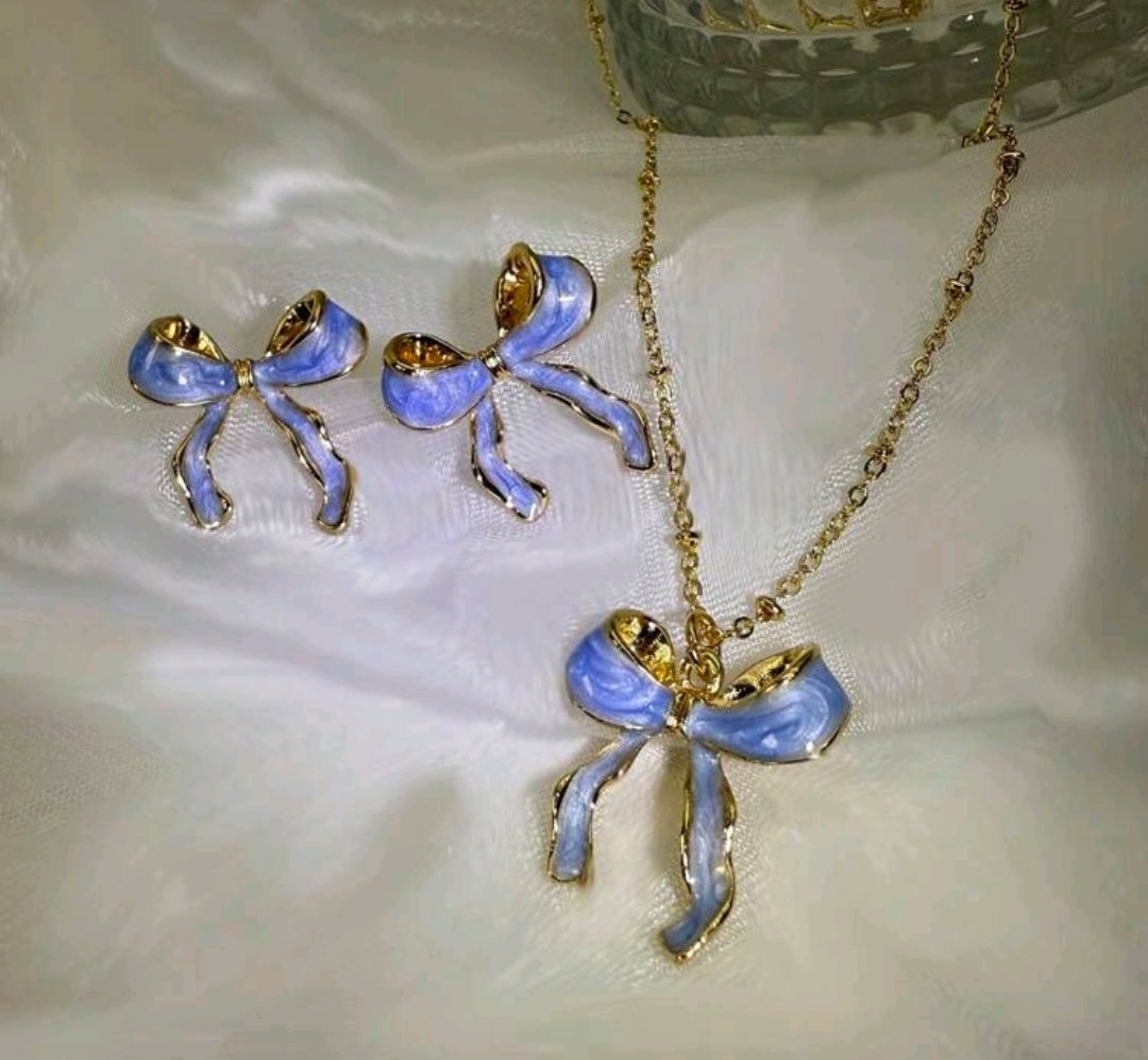 2 pc Enamel bowknot necklace and earrings.