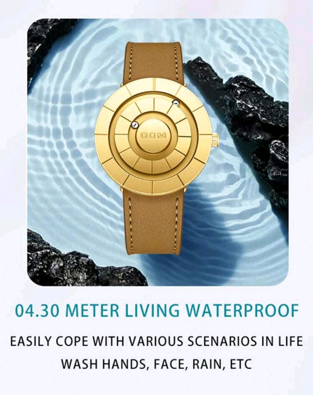 DOM Men's Watch, Advanced Technology Mirrorless Magnetic Leather Band Waterproof Casual Wristwatch, 30M Water Resistant