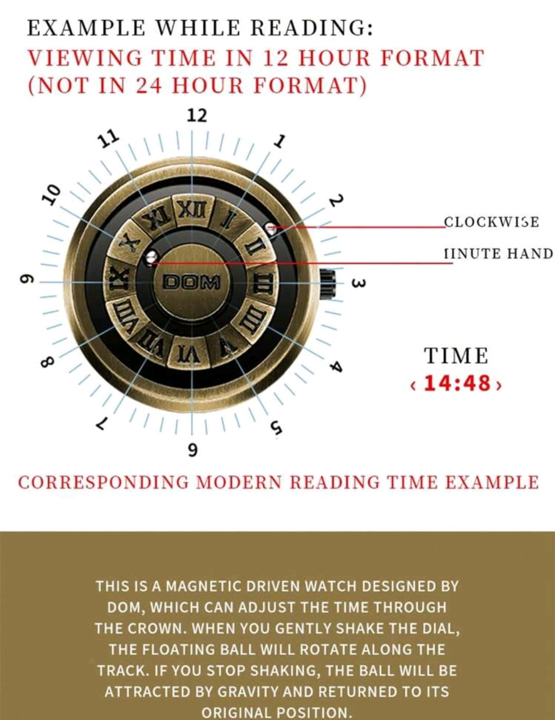 DOM  Vintage Style  Dial Quartz Waterproof Watch,  New Technology Magnetic Levitation Wristwatch With  Steel Band