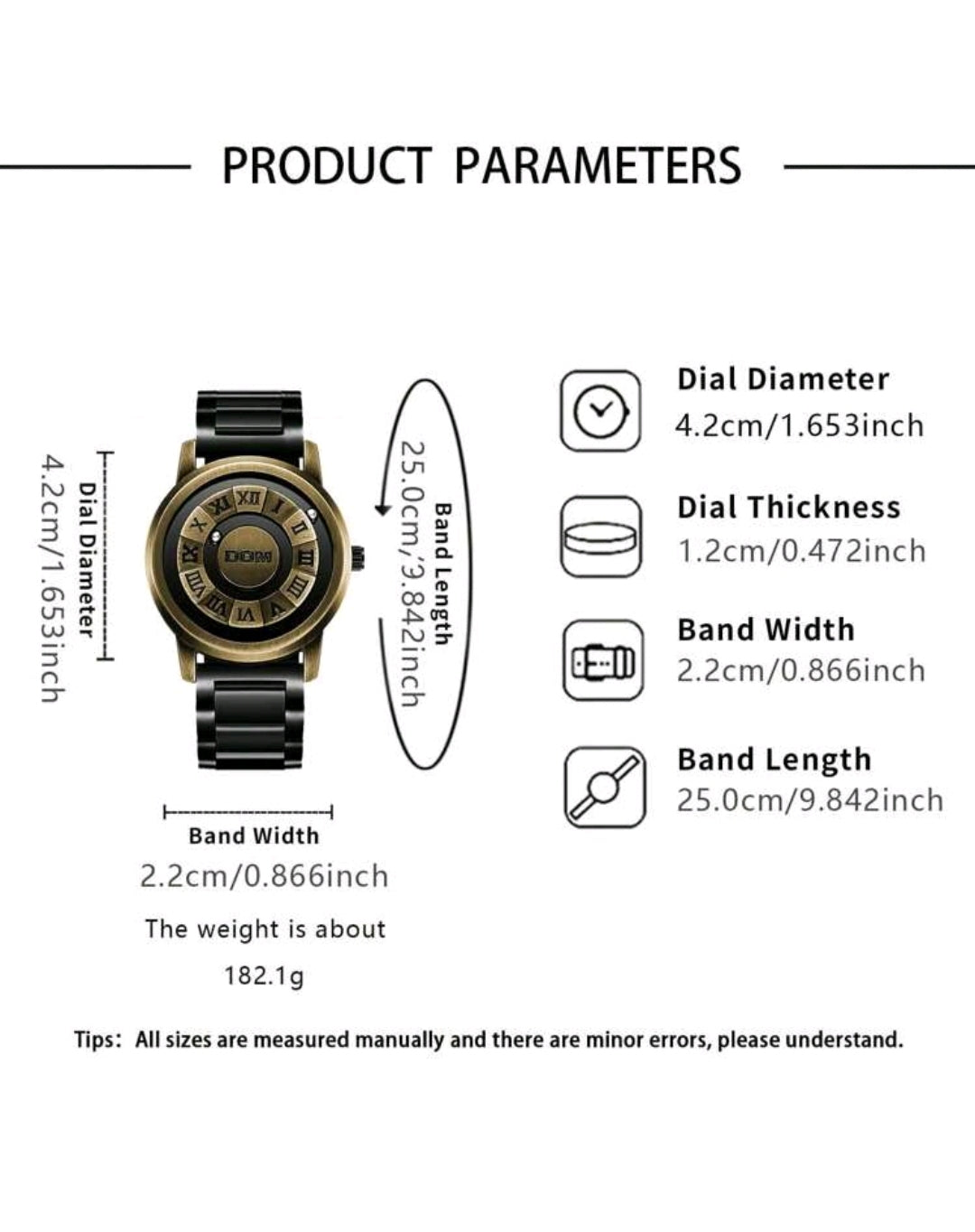 DOM  Vintage Style  Dial Quartz Waterproof Watch,  New Technology Magnetic Levitation Wristwatch With  Steel Band