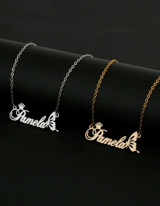 Custom Name Pendant Necklace, With Crown And Hollow Half Butterfly Stainless Steel Necklace.[MJ121]