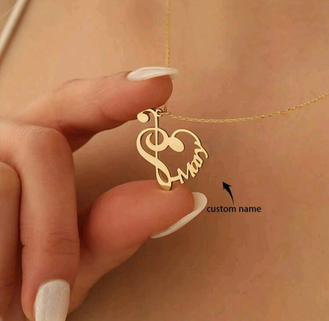 Customizable Music Note Name Pendant Necklace, Heart-Shaped Treble Clef Design, Stainless Steel,  Great Gift For Singers And Music Lovers.[MJ130]