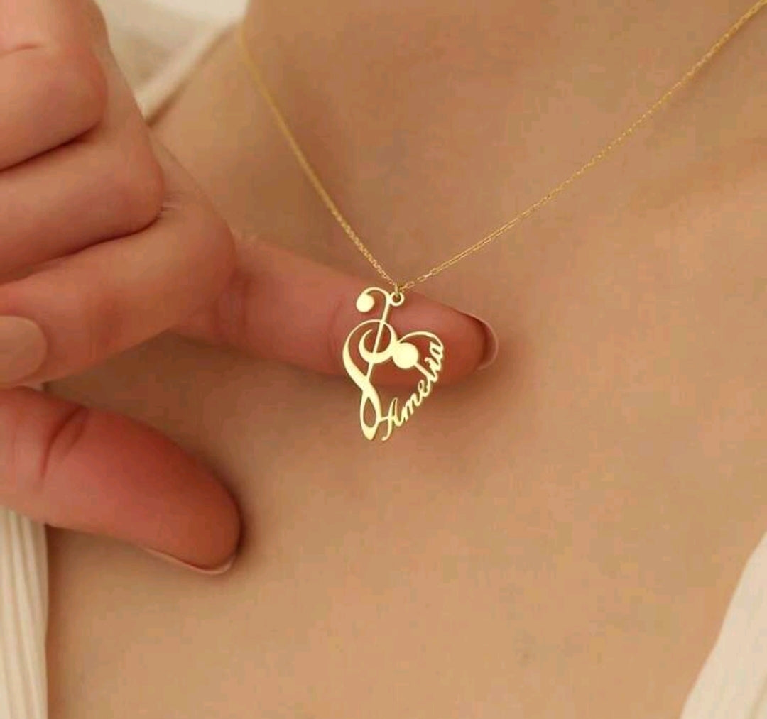 Customizable Music Note Name Pendant Necklace, Heart-Shaped Treble Clef Design, Stainless Steel,  Great Gift For Singers And Music Lovers.[MJ130]