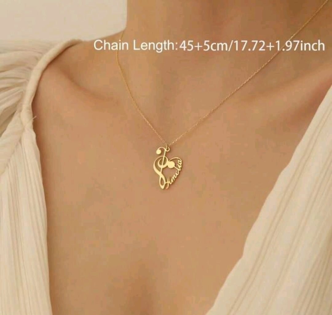 Customizable Music Note Name Pendant Necklace, Heart-Shaped Treble Clef Design, Stainless Steel,  Great Gift For Singers And Music Lovers.[MJ130]
