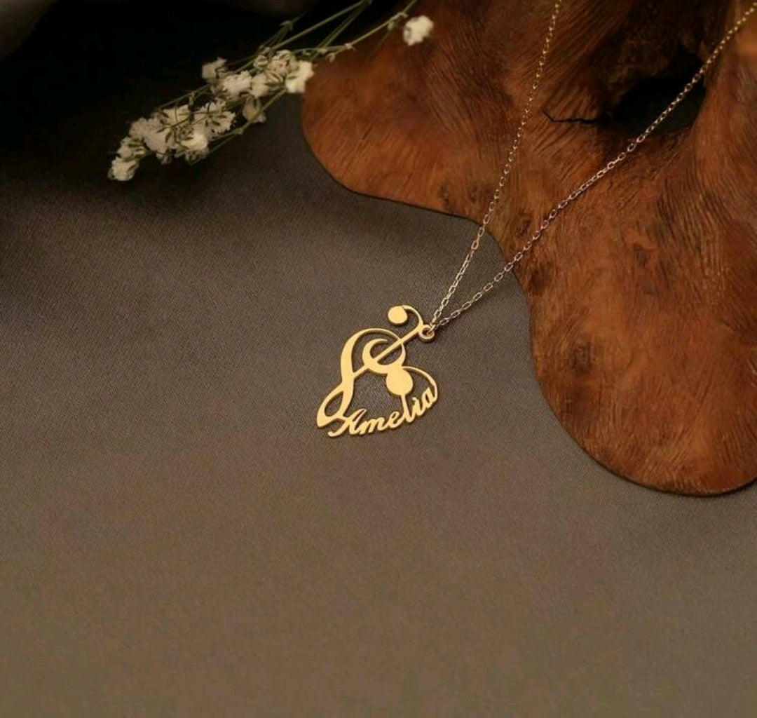 Customizable Music Note Name Pendant Necklace, Heart-Shaped Treble Clef Design, Stainless Steel,  Great Gift For Singers And Music Lovers.[MJ130]