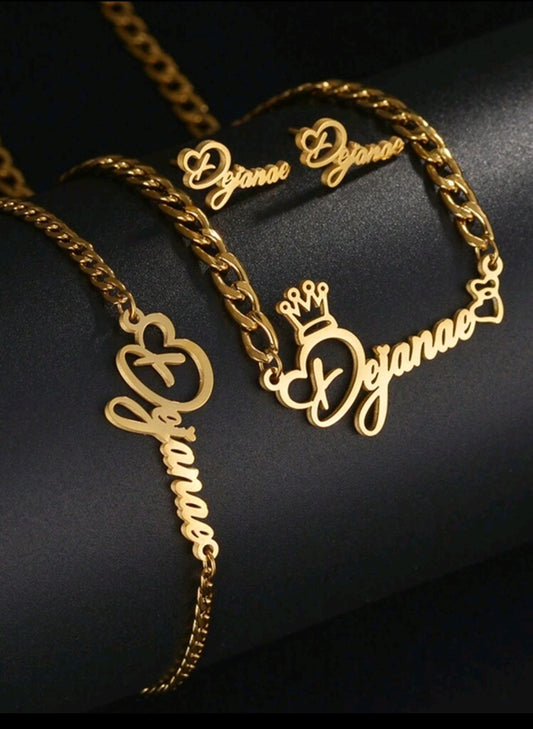 Personalized Name, Stainless Steel,Necklace Bracelet and stopper back earrings set