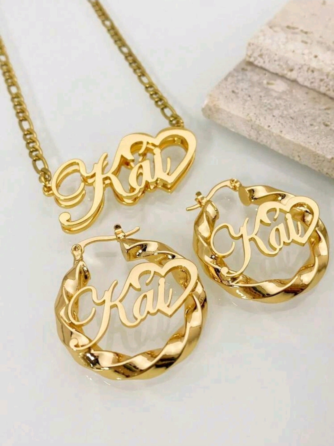Double Layered 3D Necklace With Heart-Shaped Name, Earring Set, Stainless Steel