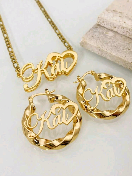 Double Layered 3D Necklace With Heart-Shaped Name, Earring Set, Stainless Steel