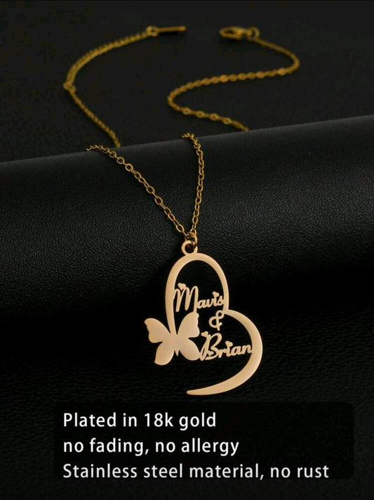 Couples butterfly & heart name necklace. Stainless steel