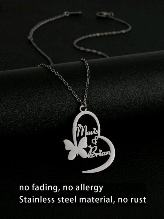 Couples butterfly & heart name necklace. Stainless steel