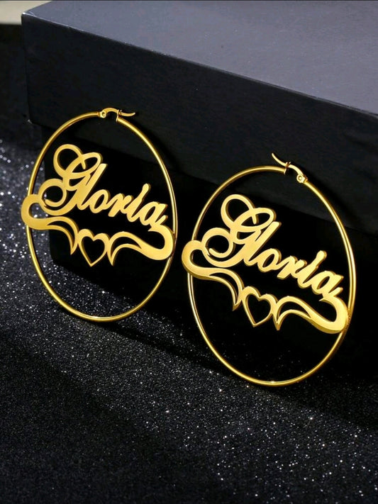 70mm round Stainless Steel Personalized hoop with heart earrings