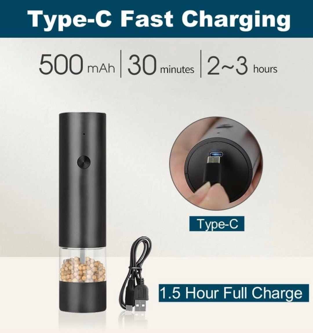 Electric Salt & Pepper Grinder Set, USB-C Fast Charging, 360° Adjustable Coarseness, LED Light & Stand Base