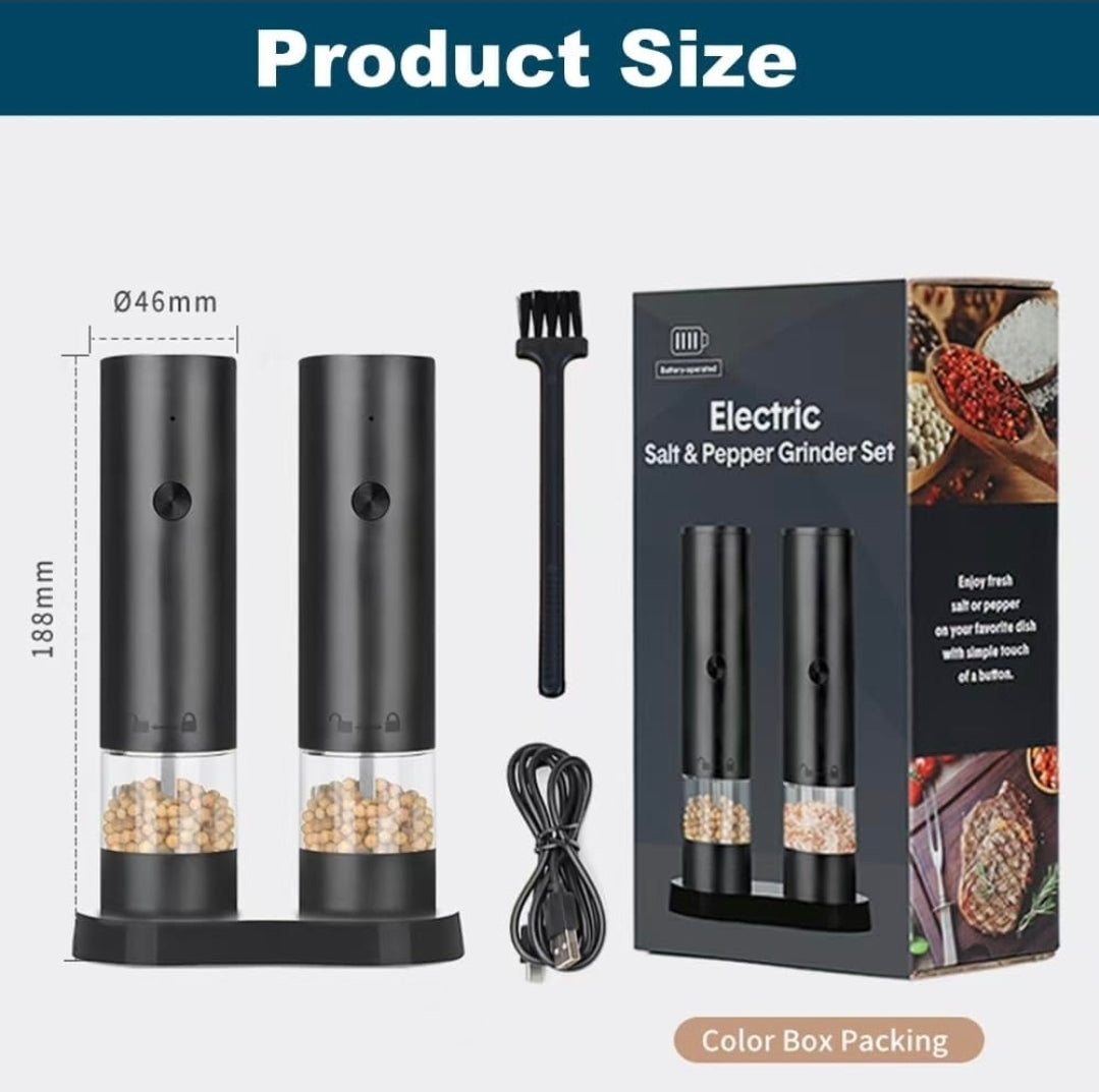Electric Salt & Pepper Grinder Set, USB-C Fast Charging, 360° Adjustable Coarseness, LED Light & Stand Base