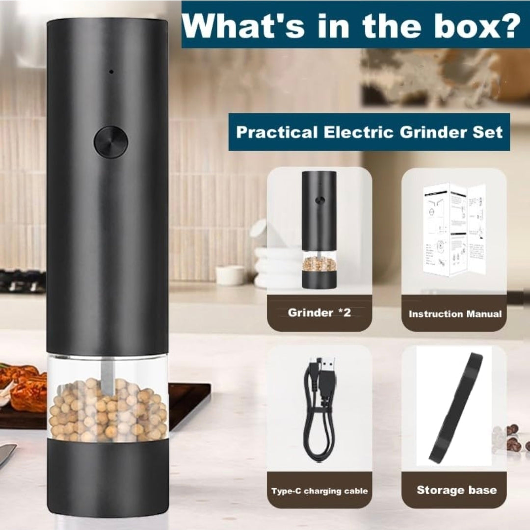 Electric Salt & Pepper Grinder Set, USB-C Fast Charging, 360° Adjustable Coarseness, LED Light & Stand Base