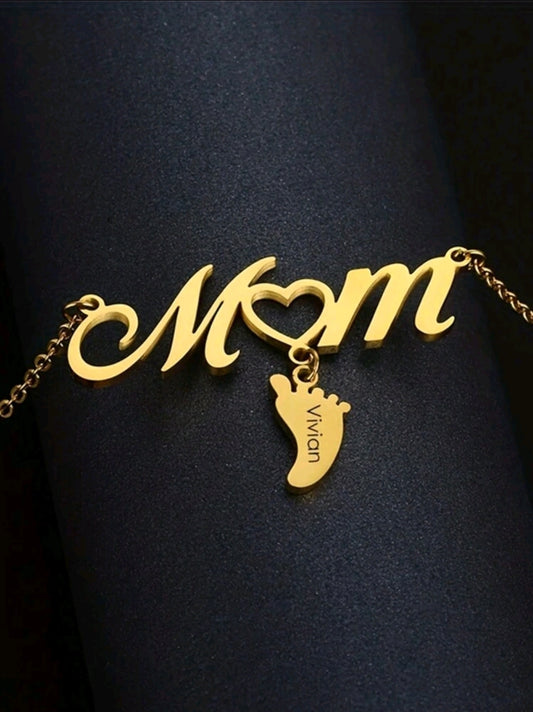 MOM - Footprint 1-4 names Necklace ,18k Gold-Plated Stainless Steel.[MJ006]