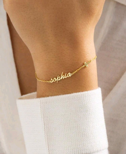 Personalized Name & Cross ,Gold-Plated ,Stainless Steel, bracelet.
