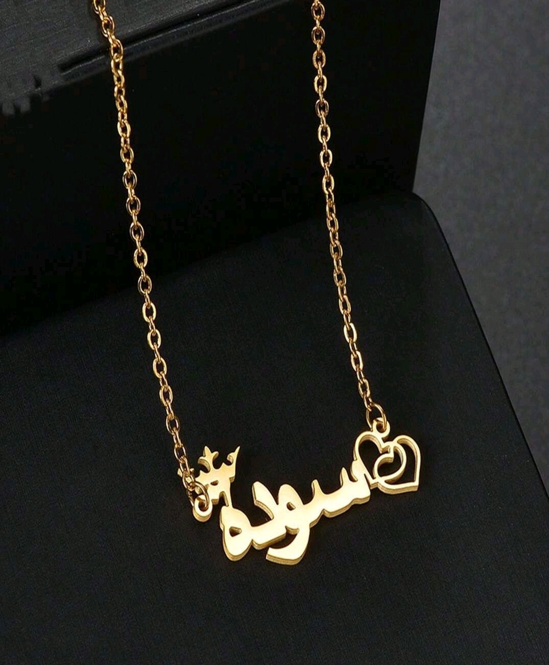 Arabic Name Necklace, double heart and crown, Stainless Steel.[MJ093]