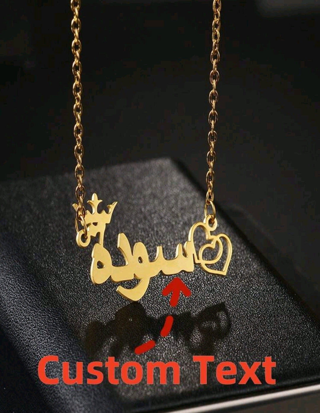 Arabic Name Necklace, double heart and crown, Stainless Steel.[MJ093]