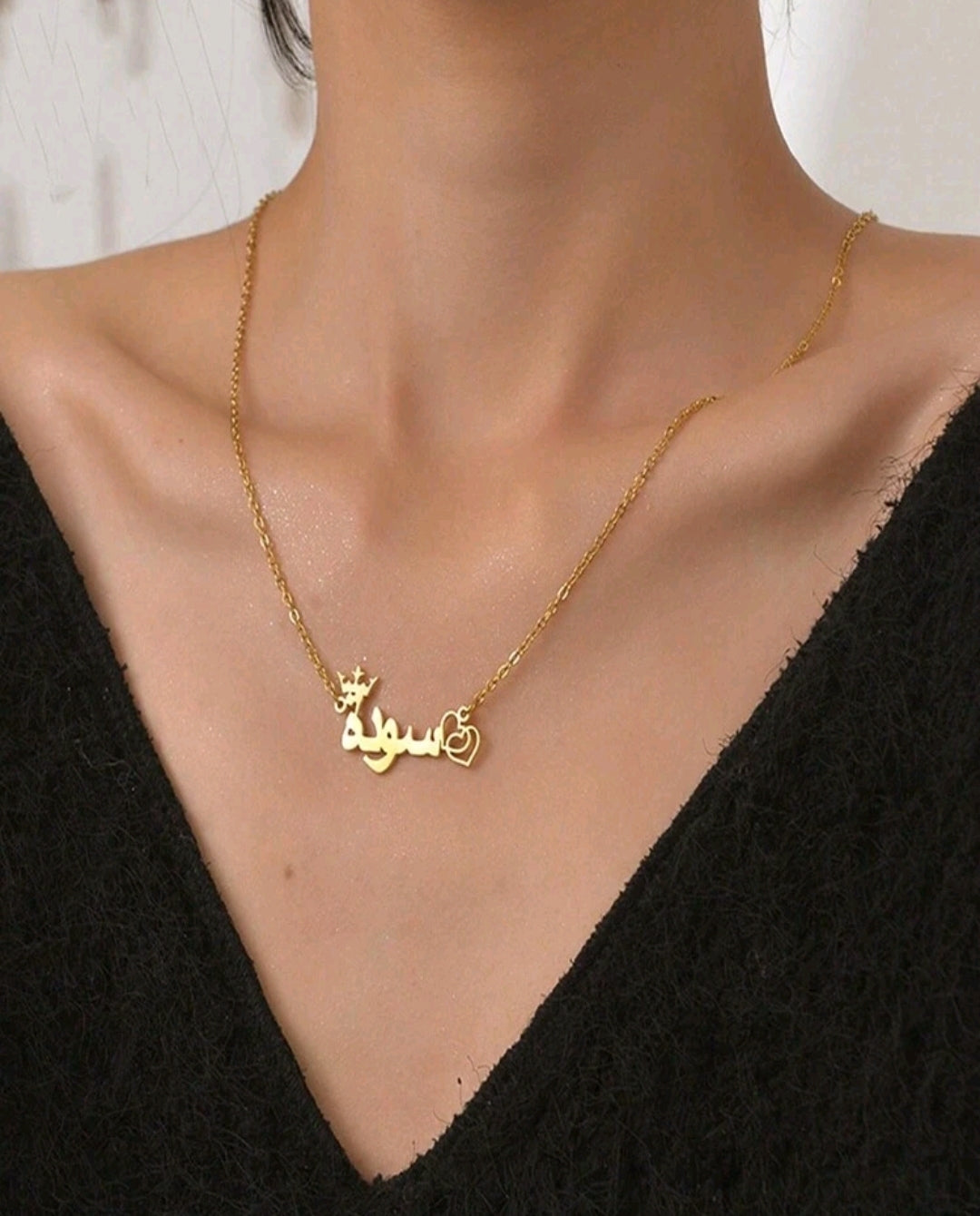 Arabic Name Necklace, double heart and crown, Stainless Steel.[MJ093]