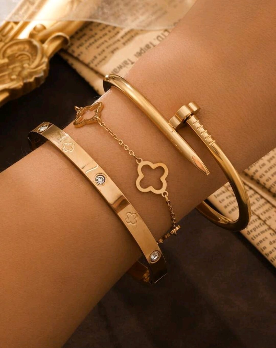 3pcs/Set Stainless Steel, Golden Nail & Clover Bracelet & Clover Band Set,