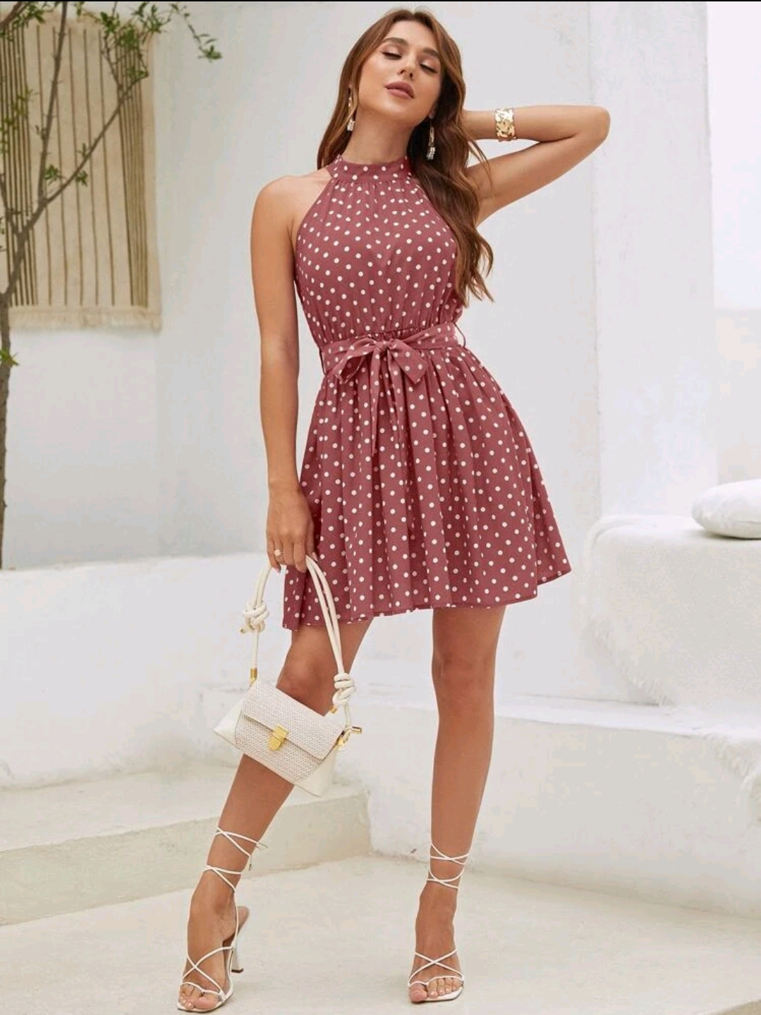 Dusty Pink Polka Dot Keyhole Back Belted Dress.