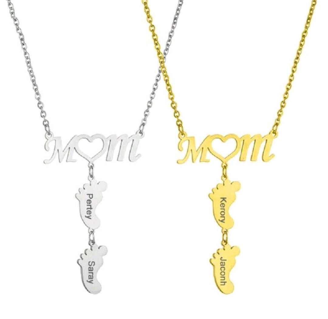 MOM - Footprint 1-4 names Necklace ,18k Gold-Plated Stainless Steel.[MJ006]