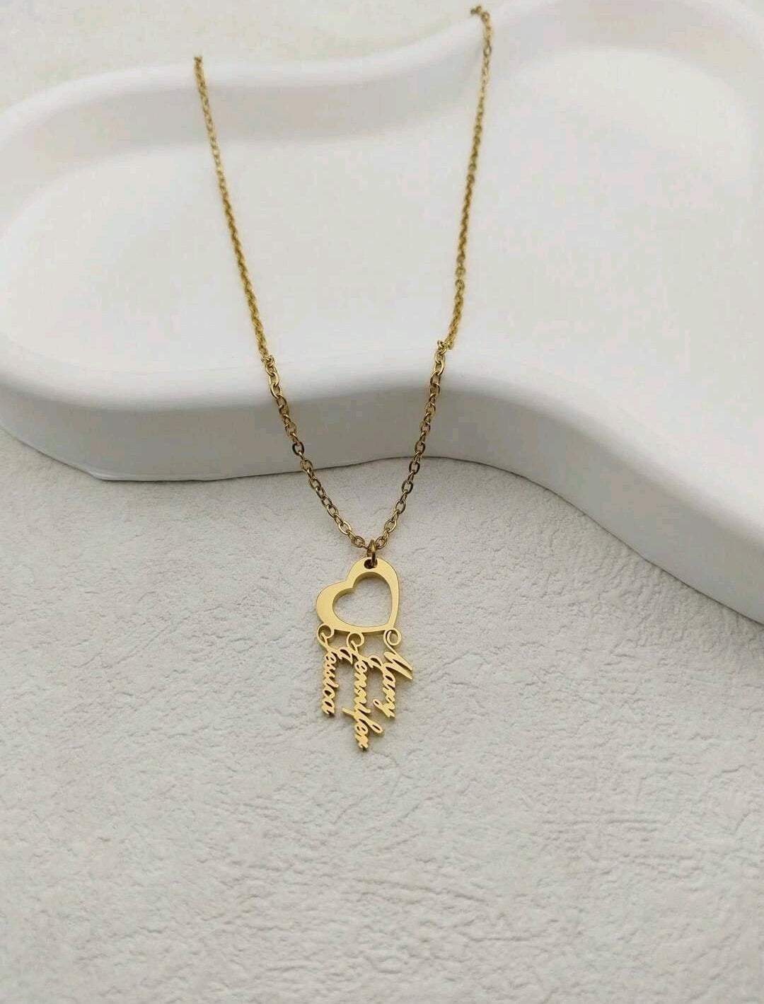 3 Names Hollowed-Out Heart Necklace,18k Gold-Plated Stainless Steel[MJ013]