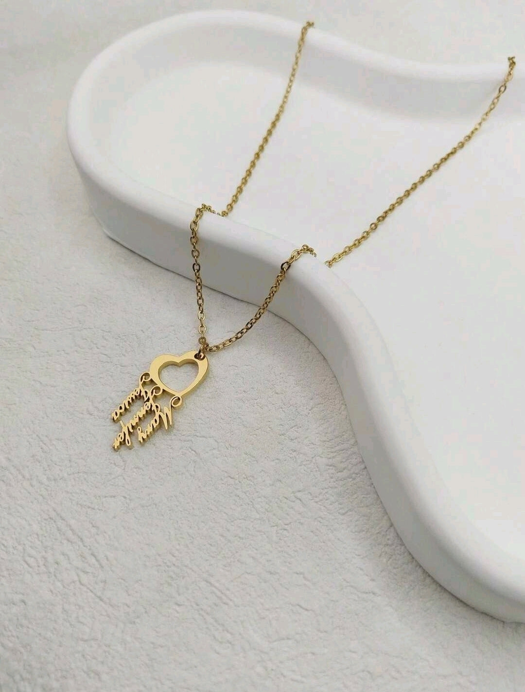 3 Names Hollowed-Out Heart Necklace,18k Gold-Plated Stainless Steel[MJ013]