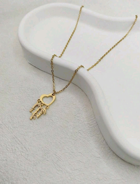 3 Names Hollowed-Out Heart Necklace,18k Gold-Plated Stainless Steel[MJ013]